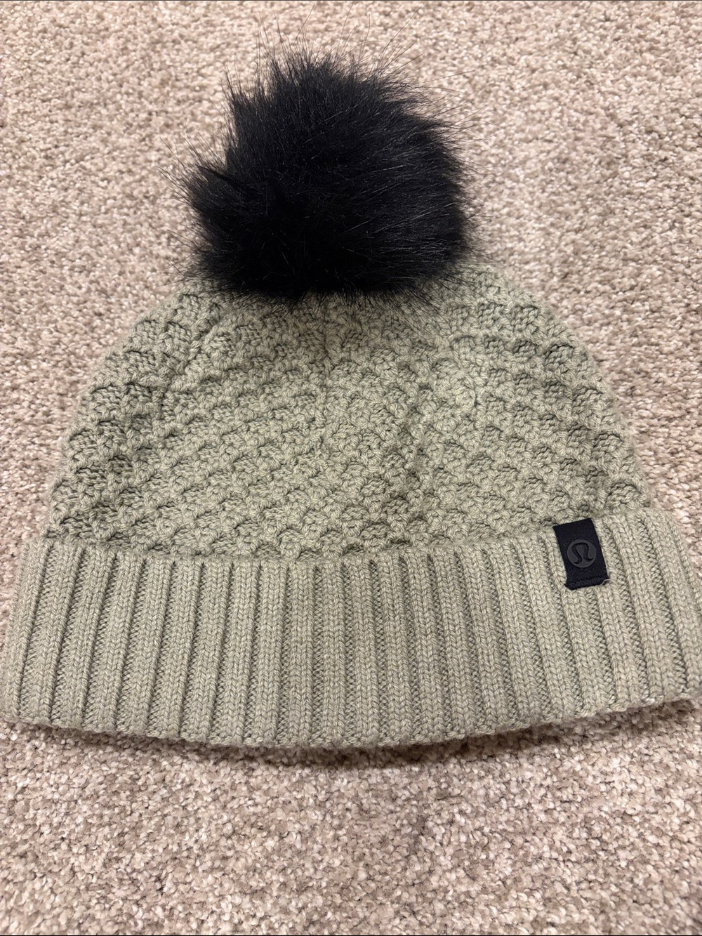 lululemon athletica Olive Knit Beanie with Black Faux Fur Pom